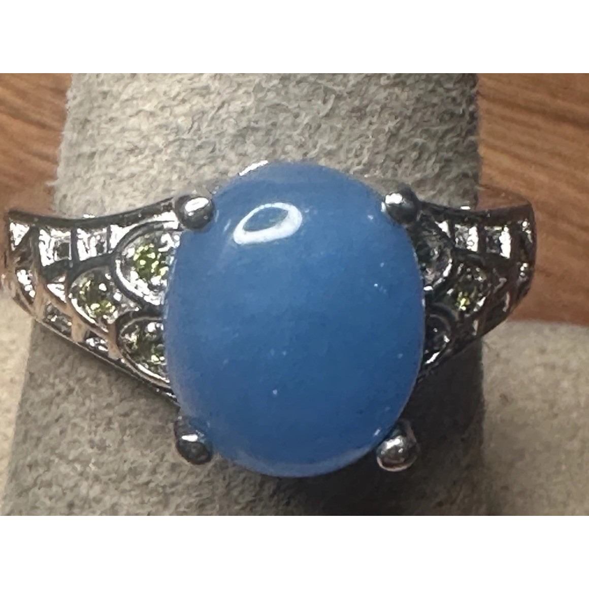Karis Size 725 Burmese Blue Jade Simulated Peridot Platinum Bond Brass Ring 45$